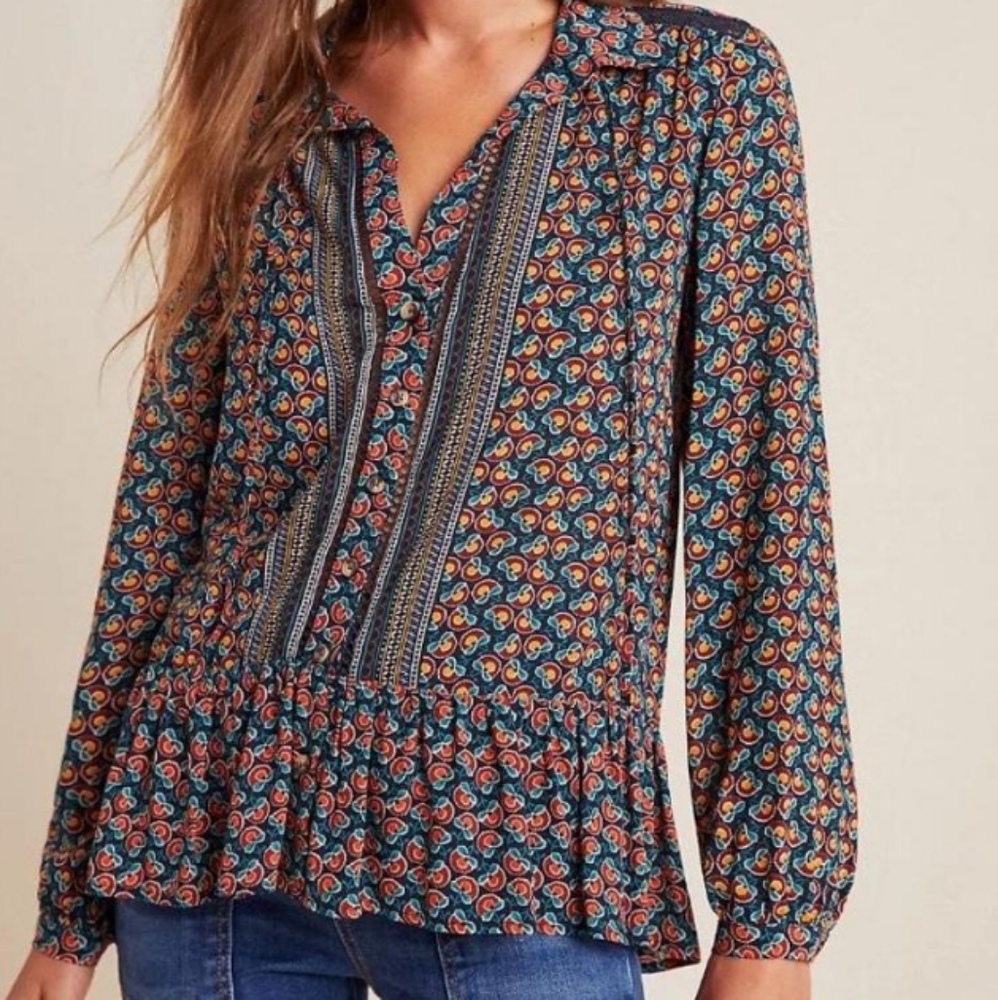 Maeve Teal Paisley Peasant Blouse with Rust and Mustard Accents